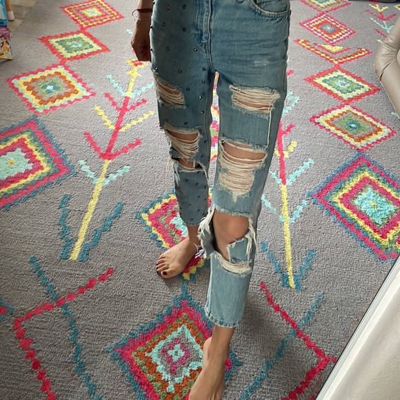 Topshop Mom Jeans Ripped Distressed with Metalic Embelishment Design Light Blue - Picture 2 of 10